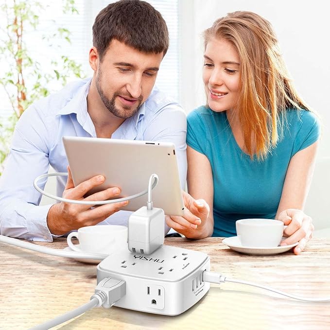 6 Ft Surge Protector Power Strip - 8 Widely Outlets with 4 USB Ports, 3 Side Outlet Extender with 6 Feet Extension Cord, Flat Plug, Wall Mount, Desk USB Charging Station, ETL,White - Elite TronX