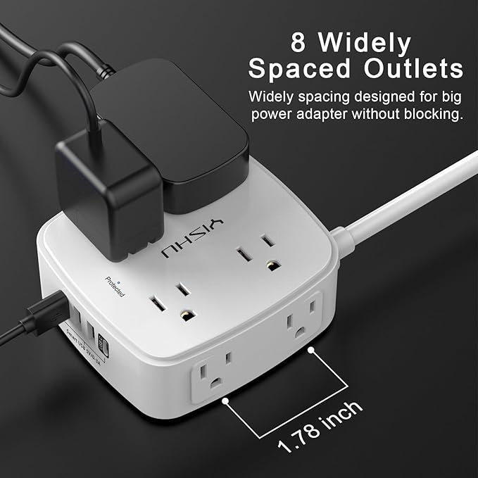 6 Ft Surge Protector Power Strip - 8 Widely Outlets with 4 USB Ports, 3 Side Outlet Extender with 6 Feet Extension Cord, Flat Plug, Wall Mount, Desk USB Charging Station, ETL,White - Elite TronX