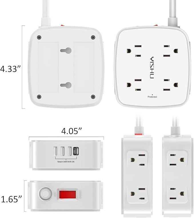 6 Ft Surge Protector Power Strip - 8 Widely Outlets with 4 USB Ports, 3 Side Outlet Extender with 6 Feet Extension Cord, Flat Plug, Wall Mount, Desk USB Charging Station, ETL,White - Elite TronX