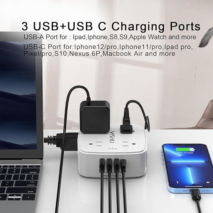 6 Ft Surge Protector Power Strip - 8 Widely Outlets with 4 USB Ports, 3 Side Outlet Extender with 6 Feet Extension Cord, Flat Plug, Wall Mount, Desk USB Charging Station, ETL,White - Elite TronX