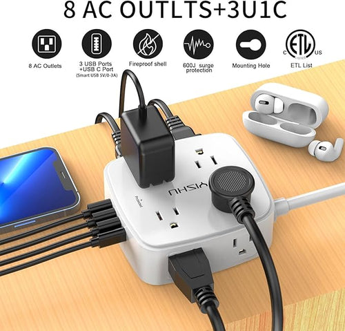 6 Ft Surge Protector Power Strip - 8 Widely Outlets with 4 USB Ports, 3 Side Outlet Extender with 6 Feet Extension Cord, Flat Plug, Wall Mount, Desk USB Charging Station, ETL,White - Elite TronX