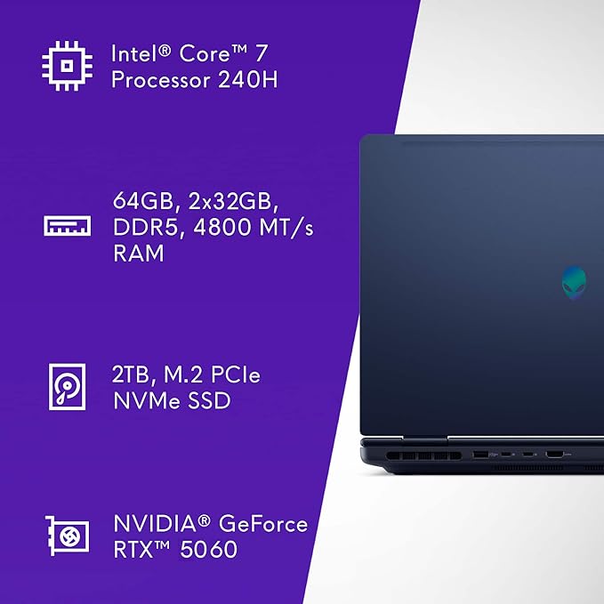 Alienware 16 Aurora Gaming Laptop (16" QHD+ 120Hz, Intel 10 - Core 7 240H (> i7 - 13620H), 64GB DDR5, 2TB SSD, NVIDIA GeForce RTX 5060 8GB), Backlit Keyboard, Wi - Fi 7, Ethernet, Webcam, Win 11 Home - Elite TronX