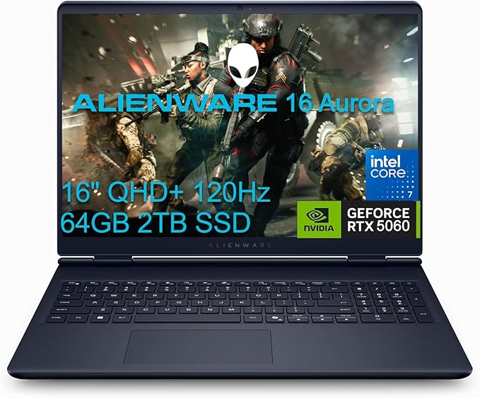 Alienware 16 Aurora Gaming Laptop (16" QHD+ 120Hz, Intel 10 - Core 7 240H (> i7 - 13620H), 64GB DDR5, 2TB SSD, NVIDIA GeForce RTX 5060 8GB), Backlit Keyboard, Wi - Fi 7, Ethernet, Webcam, Win 11 Home - Elite TronX