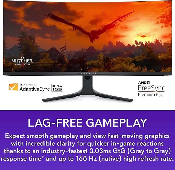 Alienware AW3423DWF Curved QD - OLED Gaming Monitor - 34 - inch Quantum Dot OLED 0.1Ms 165Hz 21:9 Curved Display, 99.3% DCI - P3 Color Gamut, VESA DisplayHDR True Black 400, AMD FreeSync Premium Pro - Black - Elite TronX