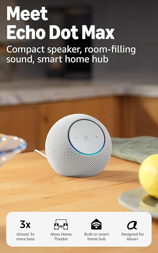 Amazon Echo Dot Max (newest model), Alexa speaker with room - filling sound and nearly 3x bass, Great for living rooms and medium - sized spaces, Designed for Alexa+, Glacier White - Elite TronX