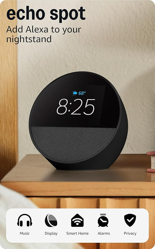 Amazon Echo Spot (newest model), Great for nightstands, offices and kitchens, Smart alarm clock, Designed for Alexa+, Black - Elite TronX
