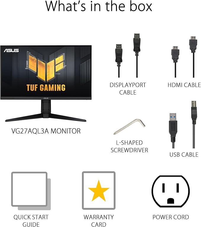 ASUS TUF Gaming 27” 1440P Monitor (VG27AQL3A) - QHD (2560 x 1440), 180Hz, 1ms, Fast IPS, Extreme Low Motion Blur SYNC, G - SYNC Compatible, Freesync Premium, 130% sRGB, DisplayHDR 400, 3 Year Warranty - Elite TronX