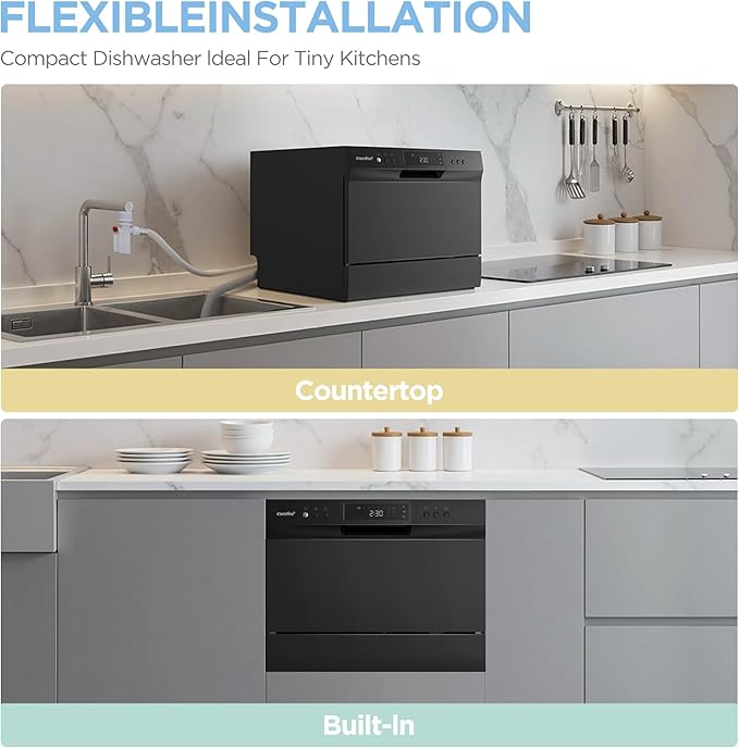 COMFEE’ Countertop Dishwasher, Energy Star Portable Dishwasher, 6 Place Settings & 8 Washing Programs, Speed, Baby - Care, ECO& Glass, Dish Washer for Dorm, RV& Apartment, Black - Elite TronX