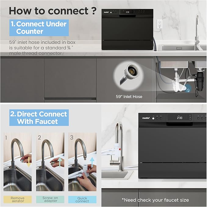 COMFEE’ Countertop Dishwasher, Energy Star Portable Dishwasher, 6 Place Settings & 8 Washing Programs, Speed, Baby - Care, ECO& Glass, Dish Washer for Dorm, RV& Apartment, Black - Elite TronX