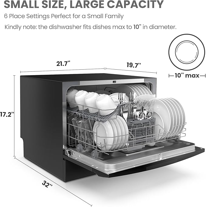 COMFEE’ Countertop Dishwasher, Energy Star Portable Dishwasher, 6 Place Settings & 8 Washing Programs, Speed, Baby - Care, ECO& Glass, Dish Washer for Dorm, RV& Apartment, Black - Elite TronX