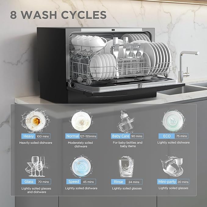 COMFEE’ Countertop Dishwasher, Energy Star Portable Dishwasher, 6 Place Settings & 8 Washing Programs, Speed, Baby - Care, ECO& Glass, Dish Washer for Dorm, RV& Apartment, Black - Elite TronX