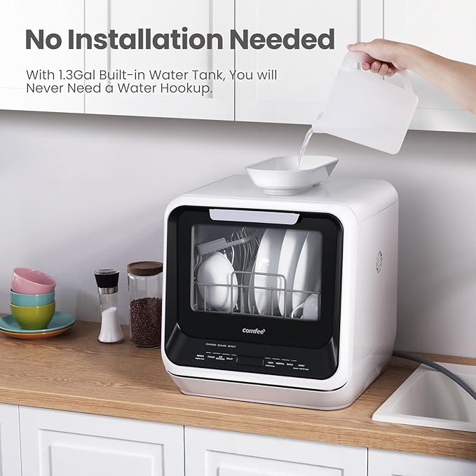 COMFEE' Portable Mini Dishwasher Countertop with 1.32Gal Built - in Water Tank for Apartments& RVs, No Hookup Needed, 6 Programs, 360° Dual Spray, 162℉ High - Temp& Air - Dry Function - Elite TronX