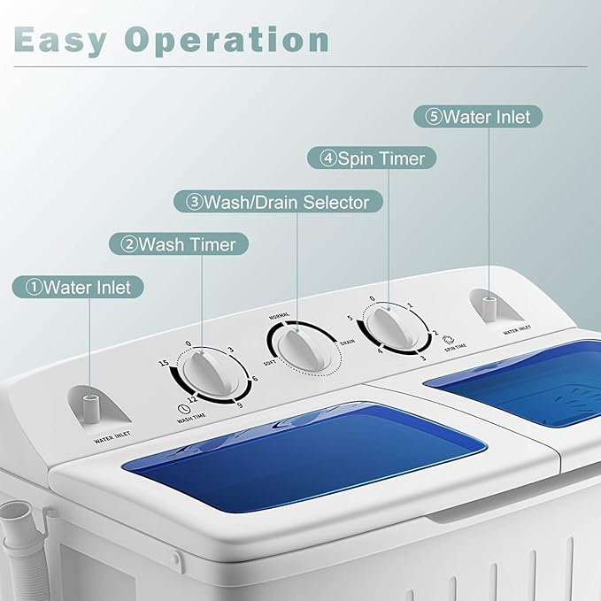 COSTWAY Portable Washing Machine, Twin Tub 20 Lbs Capacity, Compact Laundry Washer(12 Lbs) and Spinner(8 Lbs), Durable Design, Timer Control, Perfect for RV, Apartments and Dorms, Blue+White - Elite TronX