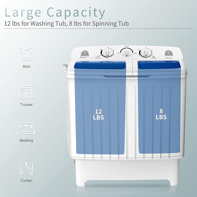 COSTWAY Portable Washing Machine, Twin Tub 20 Lbs Capacity, Compact Laundry Washer(12 Lbs) and Spinner(8 Lbs), Durable Design, Timer Control, Perfect for RV, Apartments and Dorms, Blue+White - Elite TronX