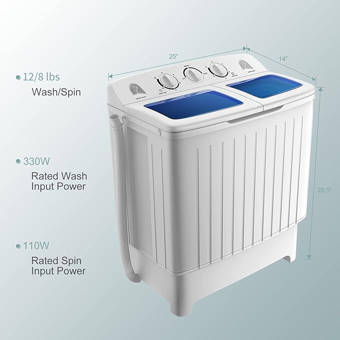 COSTWAY Portable Washing Machine, Twin Tub 20 Lbs Capacity, Compact Laundry Washer(12 Lbs) and Spinner(8 Lbs), Durable Design, Timer Control, Perfect for RV, Apartments and Dorms, Blue+White - Elite TronX