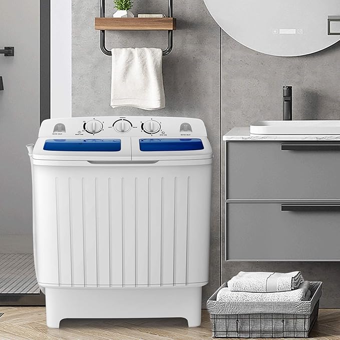 COSTWAY Portable Washing Machine, Twin Tub 20 Lbs Capacity, Compact Laundry Washer(12 Lbs) and Spinner(8 Lbs), Durable Design, Timer Control, Perfect for RV, Apartments and Dorms, Blue+White - Elite TronX