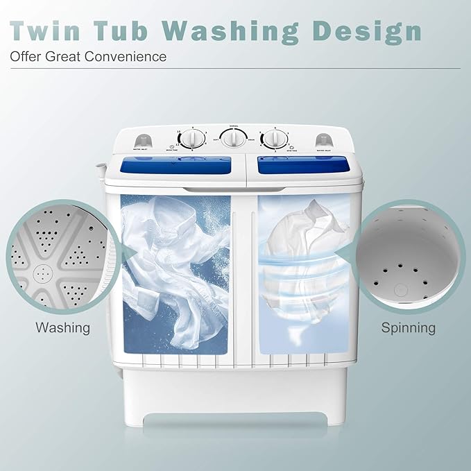 COSTWAY Portable Washing Machine, Twin Tub 20 Lbs Capacity, Compact Laundry Washer(12 Lbs) and Spinner(8 Lbs), Durable Design, Timer Control, Perfect for RV, Apartments and Dorms, Blue+White - Elite TronX