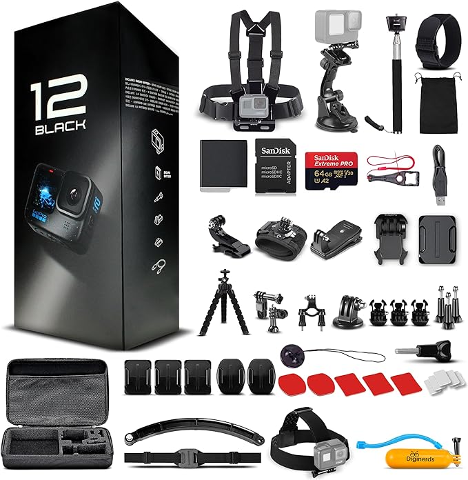GoPro HERO12 (Hero 12) Black - Waterproof Action Camera with 5.3K HDR Video, 27MP Photos, 1/1.9" Image Sensor, Live Streaming, Webcam, Stabilization + 64GB Card & 50 Piece Accessory Kit - Bundle - Elite TronX