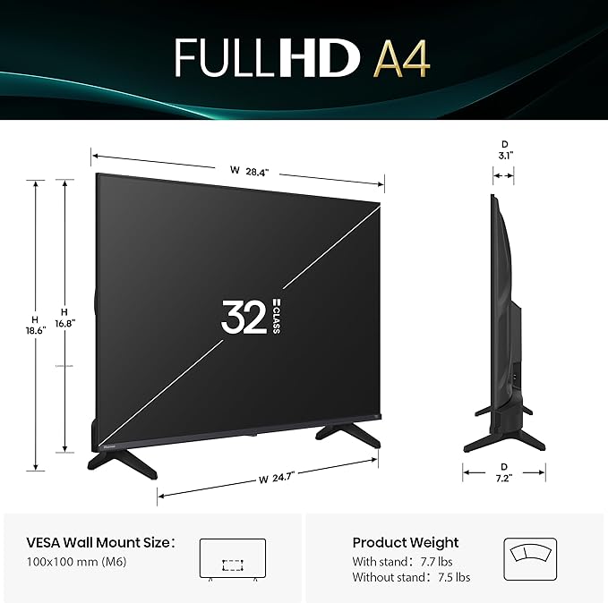 Hisense 32 - Inch Class A4 Series FHD 1080p Smart Fire TV (32A4NF, 2025 Model) - DTS Virtual: X, Slim Bezel Design, Alexa Built in - Elite TronX