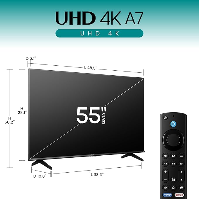 Hisense 55" Class A7 Series (55A7NF,2025 Model) 4K UHD Smart Fire TV, Voice Remote with Alexa, Wide Color Gamut, HDR10+, Dolby Vision, Dolby Atmos, Game Mode, ALLM, Stream Live TV Without Cable - Elite TronX