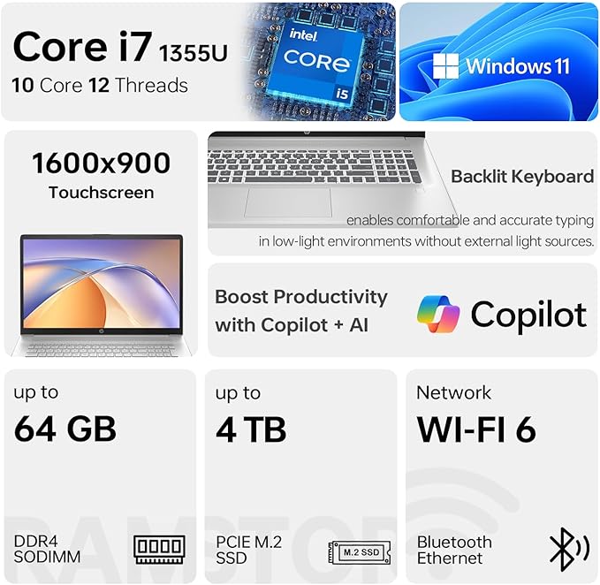 HP 17 Laptop, 17.3" HD+ Touchscreen, Intel Core i7 - 1255U Processor, 32GB RAM, 1TB SSD, Webcam, HDMI, Backlit Keyboard, Wi - Fi, Windows 11 Home, Silver - Elite TronX