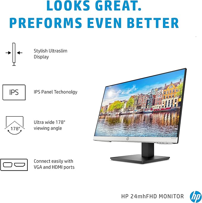 HP 24mh FHD Monitor - Computer Monitor with 23.8 - Inch IPS Display (1080p) - Built - in Speakers and VESA Mounting - Height/Tilt Adjustment for Ergonomic Viewing - HDMI and DisplayPort - (1D0J9AAABA) - Elite TronX