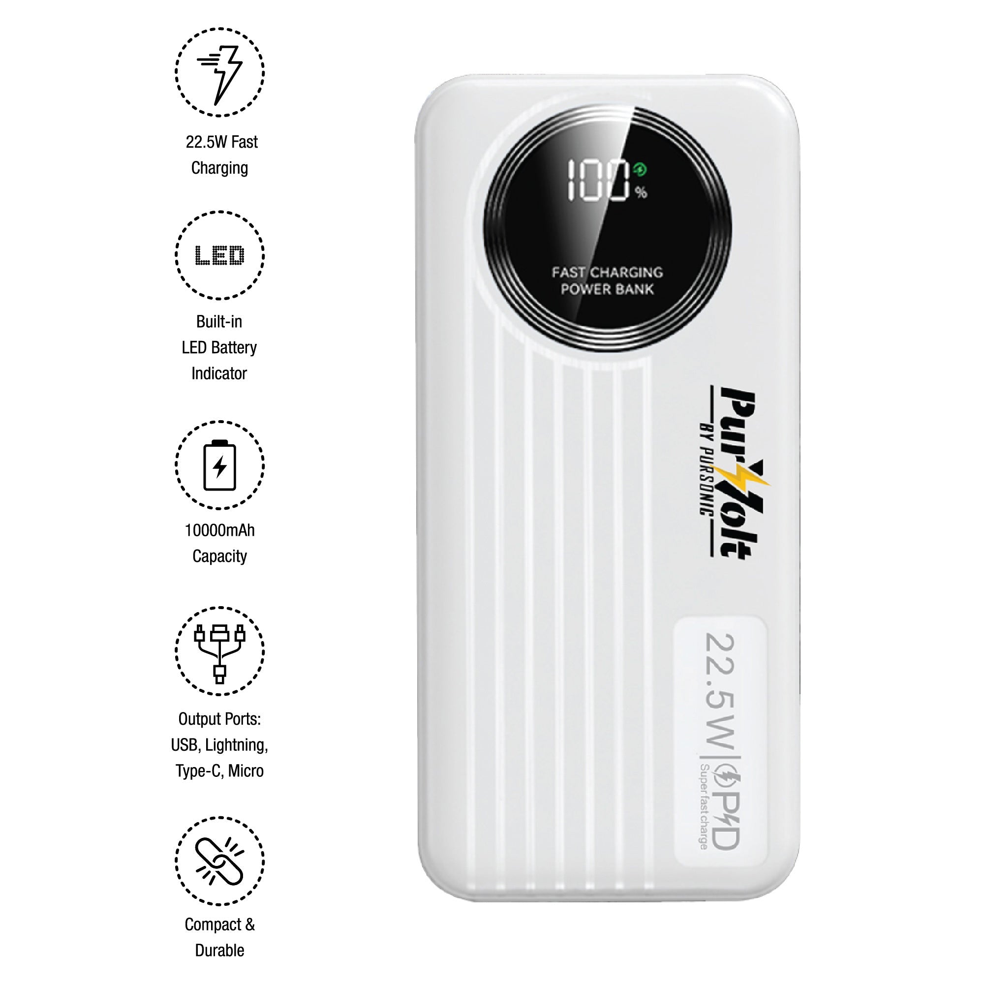 Pursonic 10,000mAh LED Fast Charging Power Bank – Built - in Cables, 22.5W Output, Type - C/USB/Lightning Compatibility - Elite TronX