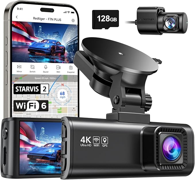 REDTIGER 4K Dash Cam Front Rear, STARVIS 2 Sensor, Free Card Included, 5.8GHz WiFi - 20MB/s Fast Download, Dash Camera for Cars with GPS, WDR Night Vision, 170°Wide Angle, 24H Parking Mode(F7NP) - Elite TronX