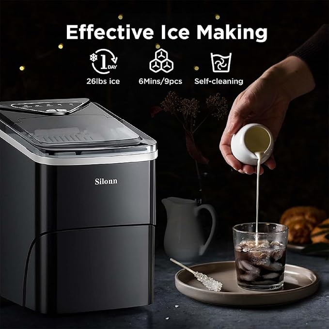 Silonn Ice Maker Countertop, 9 Cubes Ready in 6 Mins, 26lbs in 24Hrs, Self - Cleaning Ice Machine with Ice Scoop and Basket, 2 Sizes of Bullet Ice for Home Kitchen Office Bar Party - Elite TronX