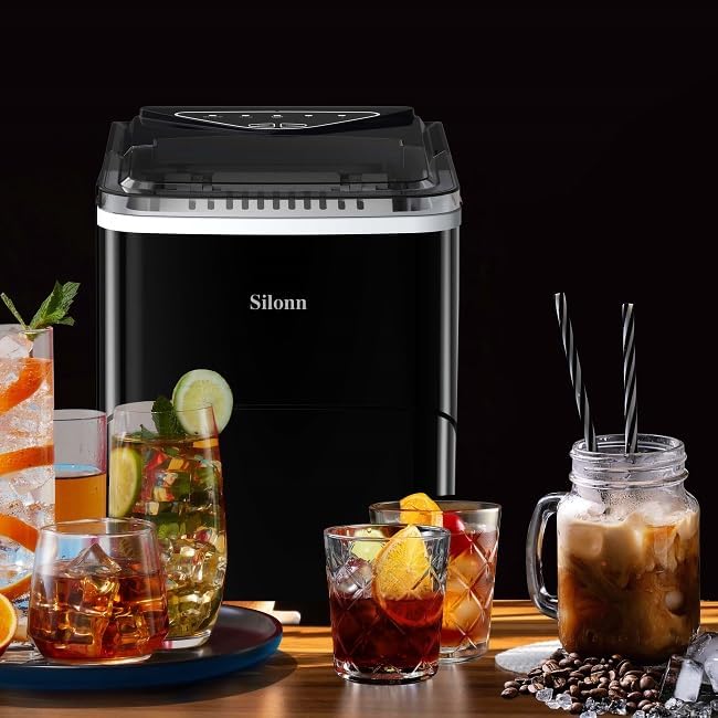 Silonn Ice Maker Countertop, 9 Cubes Ready in 6 Mins, 26lbs in 24Hrs, Self - Cleaning Ice Machine with Ice Scoop and Basket, 2 Sizes of Bullet Ice for Home Kitchen Office Bar Party - Elite TronX