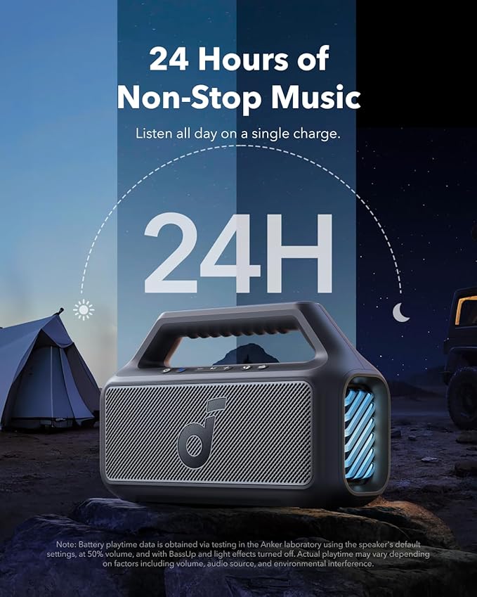 Soundcore Boom 2 By Anker, Outdoor Speaker, 80W, Subwoofer, BassUp 2.0, 24H Playtime, IPX7 Waterproof, Floatable, RGB Lights, USB - C, Custom EQ, Bluetooth 5.3, Portable for Camping and Beach - Black - Elite TronX