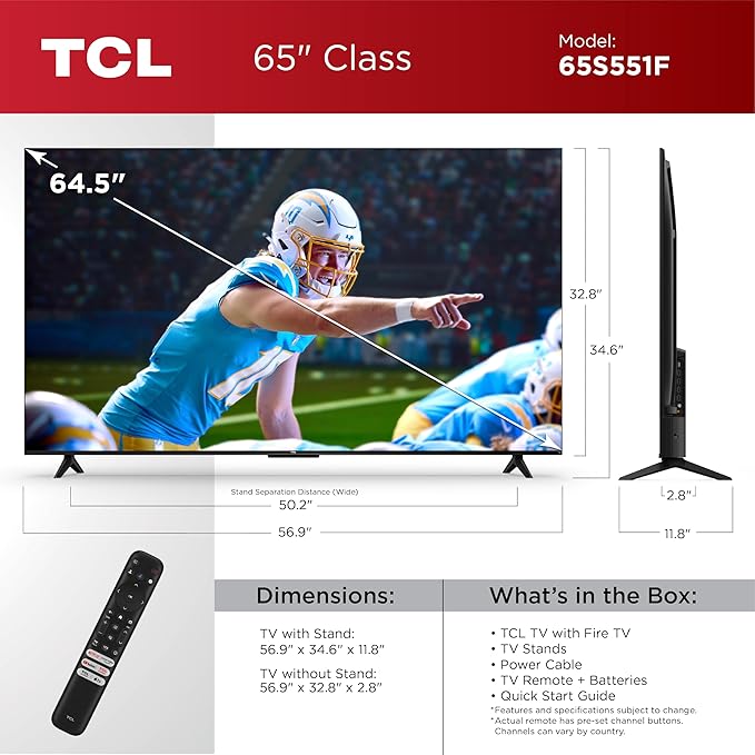TCL 65 - Inch Class S5 UHD 4K LED Smart TV with Fire TV (65S551F, 2024), Dolby Vision, HDR PRO+, Atmos, Alexa Built - in, Apple AirPlay 2, Streaming Television - Elite TronX