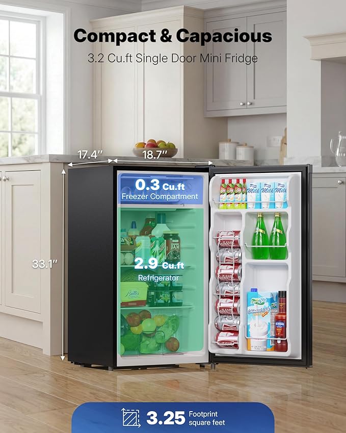 Upstreman 3.2 Cu.Ft Mini Fridge with Freezer, Single Door Mini Fridge, Dorm Fridge, Adjustable Thermostat, Mini Refrigerator for Bedroom, Office, Dorm, Black - BR321 - Elite TronX